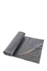 Roll of black plastic garbage bags isolated on white background