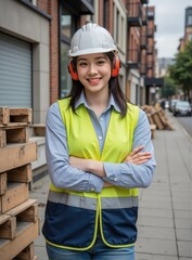 Assured smiling lady construction engineer in hi-vis vest, white helmet and protective ear wear, gesturing confidently toward unfinished roadway excavation