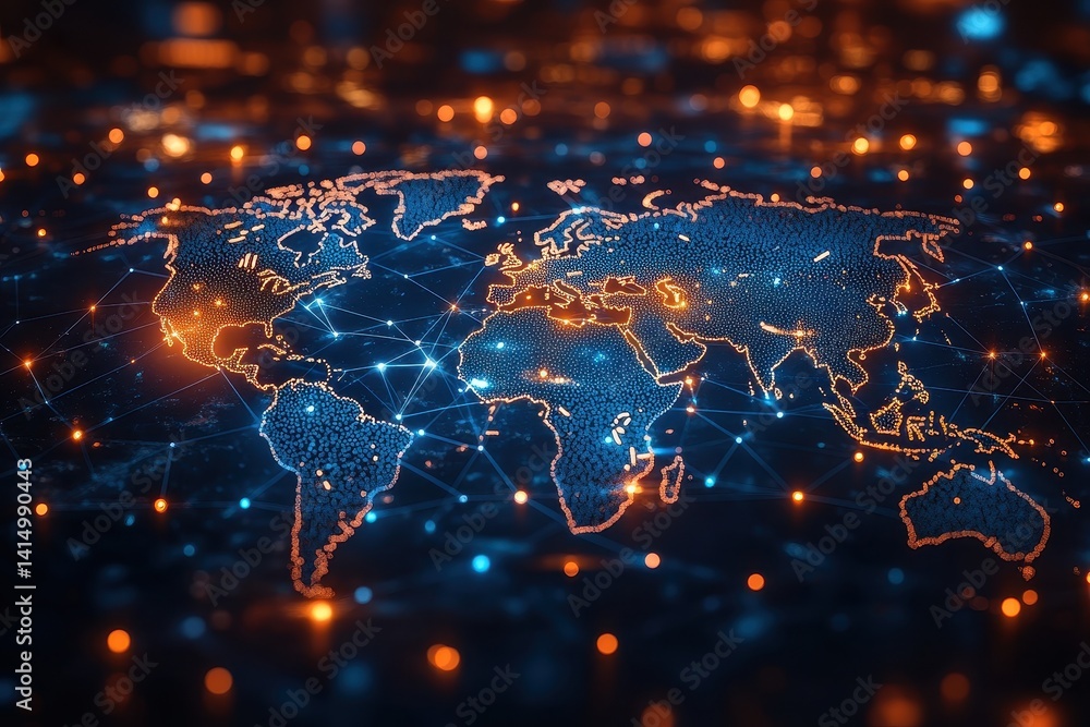 Poster digital representation of a world map illuminated with network connections showcasing global data ex