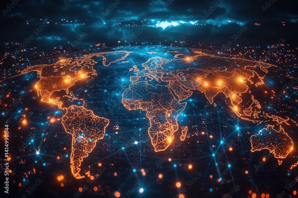 Poster global network illuminated by bright data connections showcasing the world's continents and oceans a