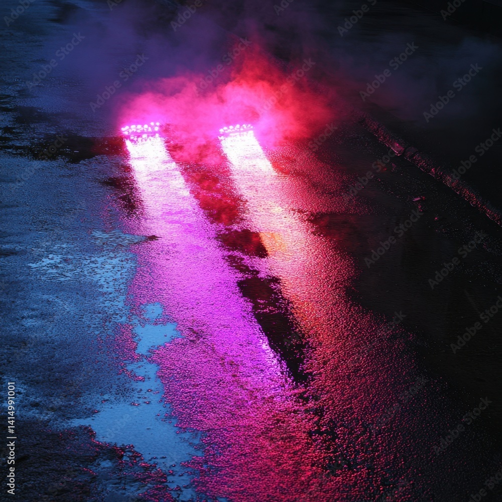 Poster vibrant illumination on wet urban surface creating a mesmerizing display of color and light in the n