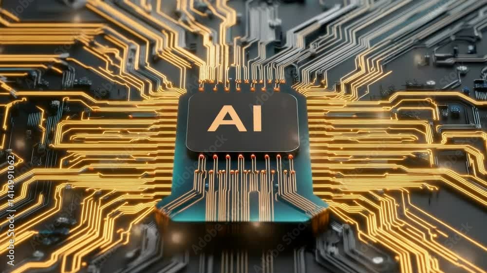Poster central processing unit with ai label surrounded by colorful circuit board technology and modern dig