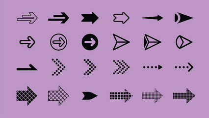 Collection of black arrow icons in various styles and directions for design projects needing directional symbols. Collection of black arrow icons and symbols. Various of simple black arrows icons
