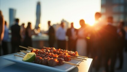 Fototapeta premium Rooftop Sunset Soiree: Delicious Grilled Skewers at a Chic City Event
