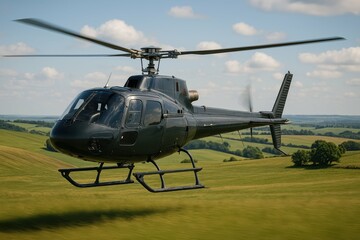 Black Helicopter Flying Above Green Rolling Hills on a Sunny Day