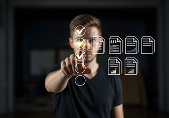 A person on a virtual checklist, representing online assessments, surveys, exams, and quizzes, as...