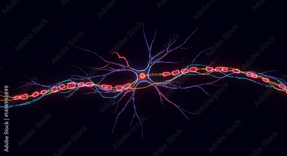 Poster detailed neuron cell structure with myelin sheath and axon terminals visualization