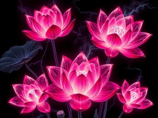 Vibrant pink lotus flowers (Nelumbo nucifera) with glowing petals stand out against a dark background