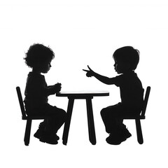Fototapeta premium Two children silhouette, engaged in playful conversation at a small table, promoting themes of friendship and imagination.