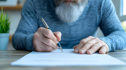 Senior man writing document close up shot retirement planning legal insurance finance concept