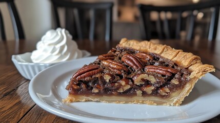 A whole pecan pie on a rustic wooden table, adorned with pecans and served with a side of whipped cream, showcasing a classic dessert.