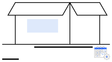 Simplistic warehouse structure with open roof, calendar, and settings gear. Ideal for supply chain, logistics, online retail, inventory tools, automation, efficiency simple landing page