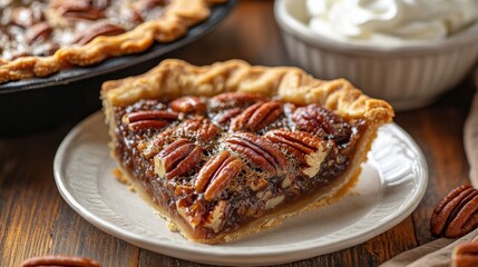 A whole pecan pie on a rustic wooden table, adorned with pecans and served with a side of whipped cream, showcasing a classic dessert.