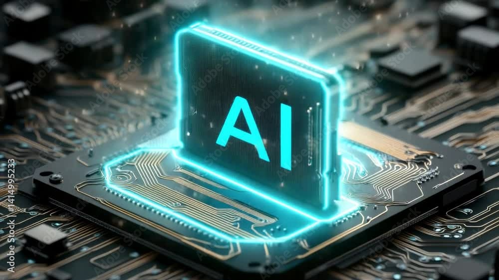 Poster futuristic ai chip concept with glowing letters on a circuit board in a high-tech setting
