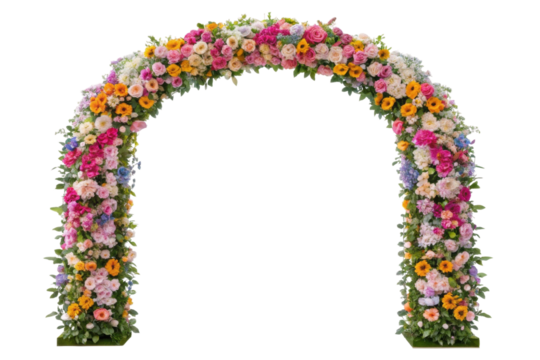 PNG Vibrant floral arch with multicolored roses and sunflowers for celebrations