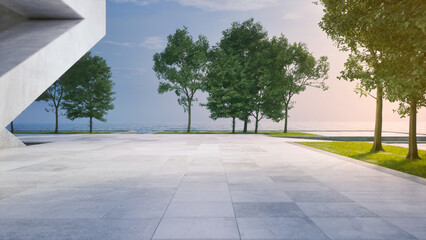 Empty concrete floor terrace near water. 3d rendering of abstract gray building with sea and clear sky background.