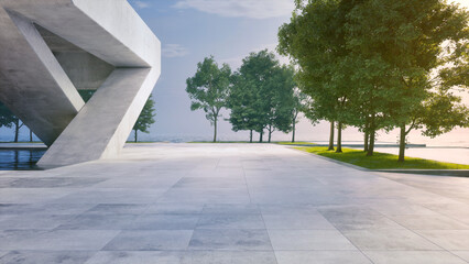 Empty concrete floor terrace near water. 3d rendering of abstract gray building with sea and clear sky background.