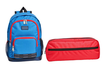 Fototapeta premium PNG Blue backpack and red pencil case with zippers for school supplies