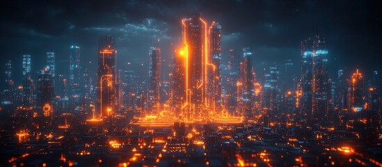Fototapeta premium Futuristic Cityscape: Neon Lights Illuminate a Cyberpunk Metropolis