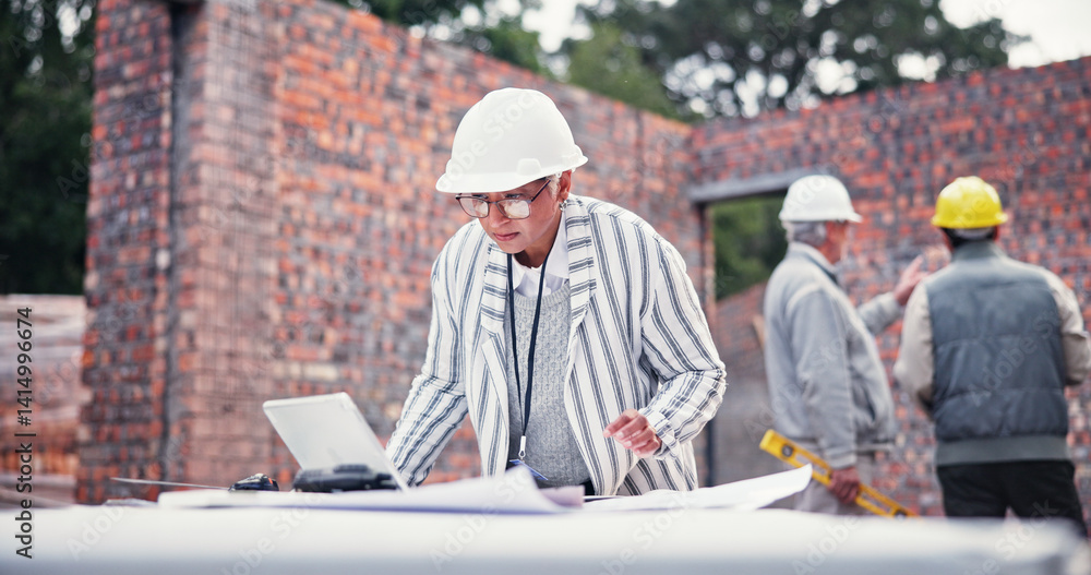 Poster construction site, woman and tablet for floor plan, blueprint and idea for property development. mat