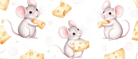 Obraz premium Three mice holding cheese in a pattern