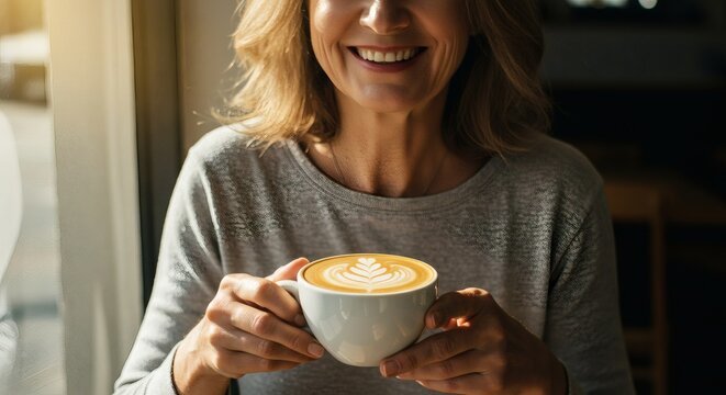 A smiling woman enjoys her latte with beautiful art in a cozy coffee shop during the day. - Powered by Adobe