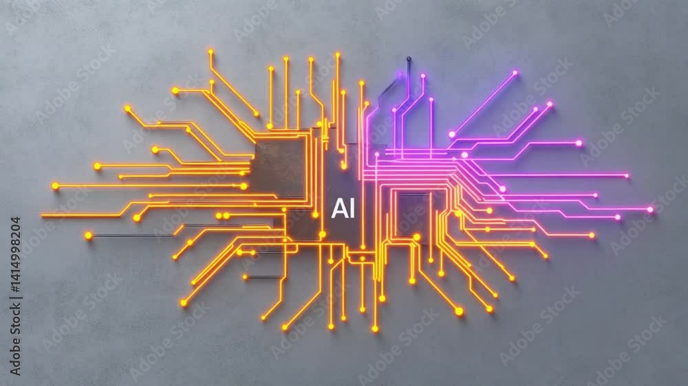 Poster futuristic circuit board design with ai technology concept displayed in neon orange glow against a g