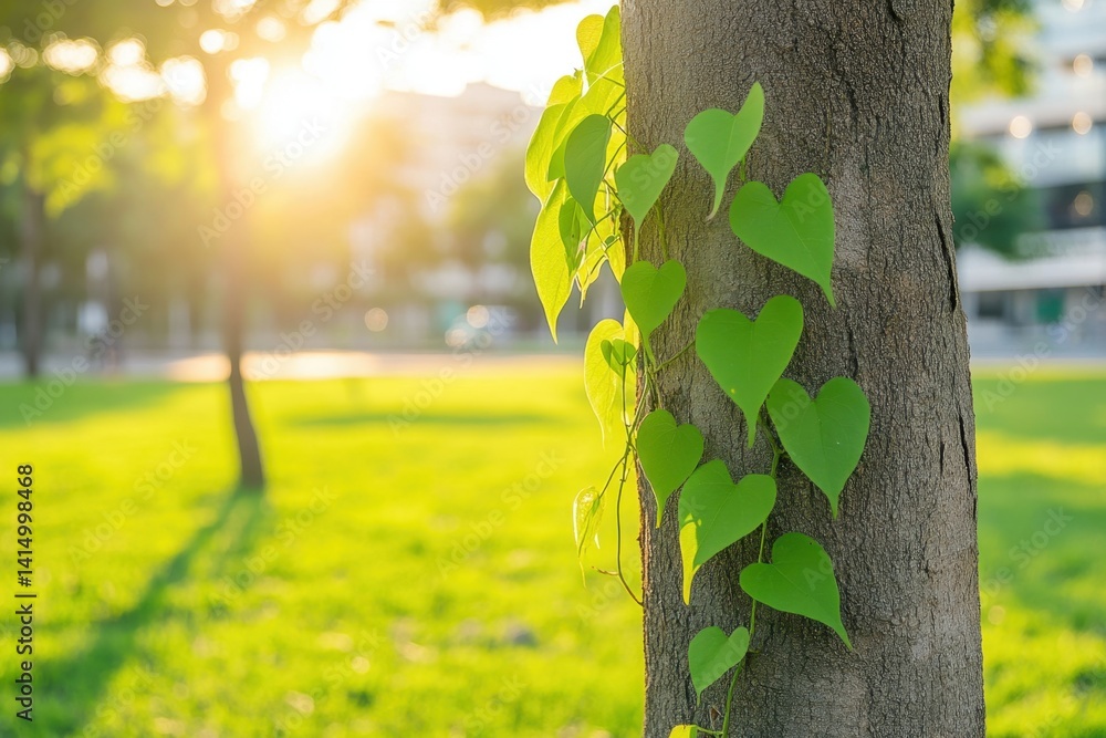 Poster heart shaped leaves climbing on a tree trunk in a sunny park capturing the essence of nature and ser