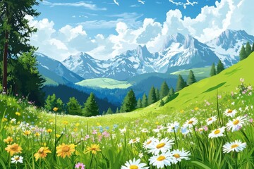Fototapeta premium Serene alpine meadow with vibrant wildflowers and majestic snow capped mountains under a bright sky