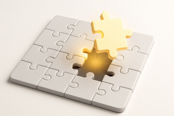 :conceptual puzzle piece glows as it fits into business themed jigsaw, symbolizing solutions and innovation