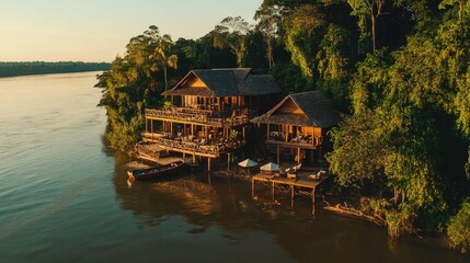 Obraz premium Luxury Riverfront Lodge in the Amazon Rainforest at Sunset