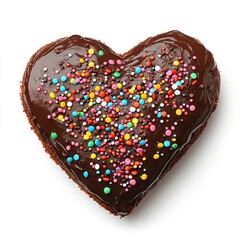 A decadent chocolate heart cake, generously covered in rich chocolate ganache and vibrant sprinkles, perfect for a special celebration or romantic gesture, shown against a pure white background.