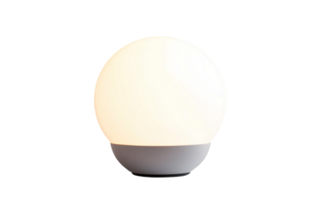 Glowing spherical lamp with soft light and a gray base against a transparent background