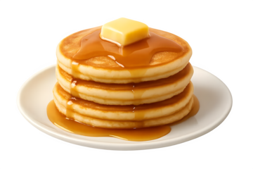 Three stacked pancakes topped with butter and drizzled with syrup on a white plate. Concept Stacked Pancakes, Butter Topping, Syrup Drizzle, Breakfast Delight, Gourmet Presentation