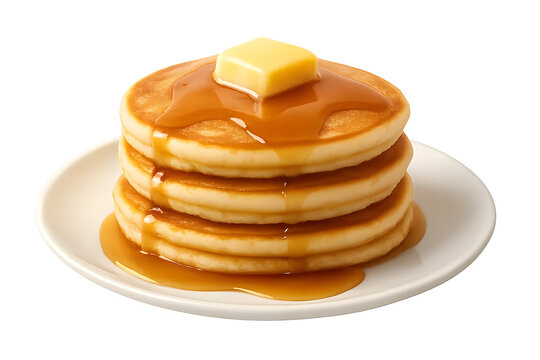 Three stacked pancakes topped with butter and drizzled with syrup on a white plate. Concept Stacked Pancakes, Butter Topping, Syrup Drizzle, Breakfast Delight, Gourmet Presentation