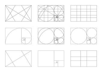Minimalist set of Golden ratio. Method golden section icon mockup. Fibonacci array, numbers form. Harmony proportions frame templates. Outline graphic illustration. Harmony proportions grid collection