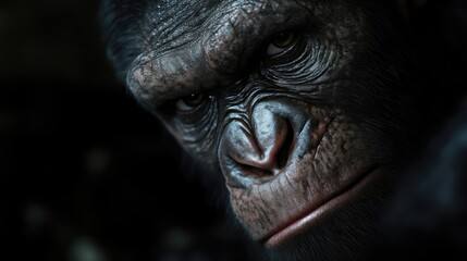 Fototapeta premium Close-up of an ape's intense face. A primate with serious expression. Dark background