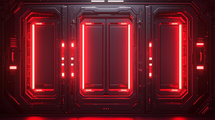 High-tech sci fi corridor with glowing red neon door and futuristic metallic panels in a dark environment