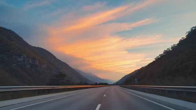 Driving Asphalt Road Through Mountain Pass at Dusk