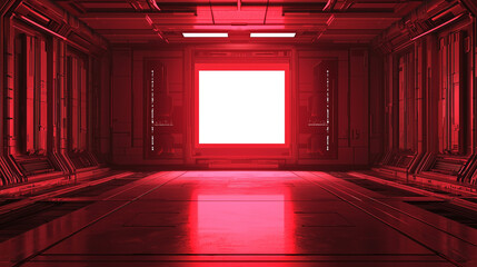 Futuristic red sci fi corridor with glowing white portal at center, high tech metallic interior and moody ambient lighting.