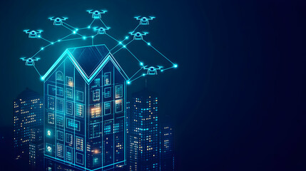 Drone Delivery Network Over Isometric City Home at Night