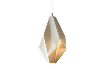Diamond-shaped pendant lamp. Modern, geometric design with an elegant, bright, glowing light in its partially visible interior