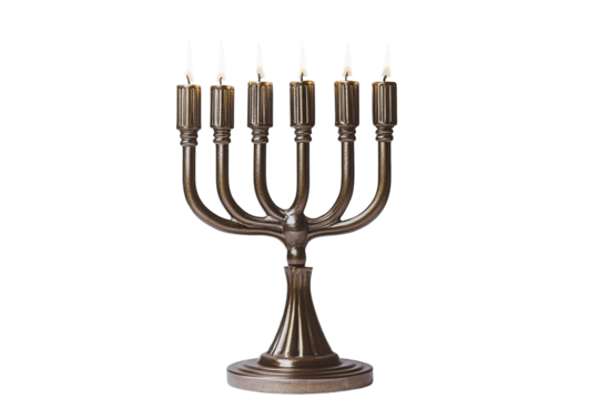 Seven branched candelabrum lit. Ornate metal. Candles glow against transparent background