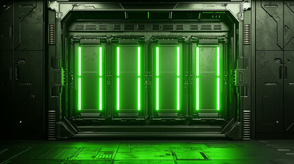 Futuristic sci fi door with glowing green neon lights in a dark metallic corridor, high tech space station interior