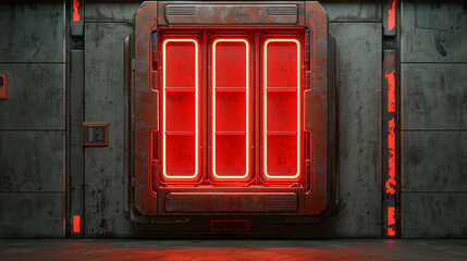 Fototapeta premium Futuristic red neon sci fi door in a grungy industrial wall, glowing with vibrant light in a dark spaceship hallway scene.