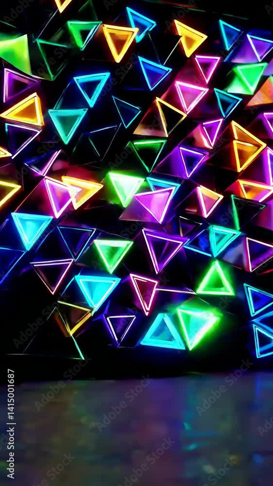 Poster dynamic neon triangle light display creating vibrant colorful patterns