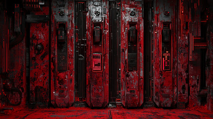 Futuristic sci fi wall with red neon lights, mechanical panels, cables, and distressed textures in a dark industrial setting.