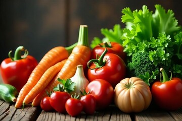 Colorful assortment of farm-fresh vegetables on rustic wooden table with digital health tracker, ripe, green, diet
