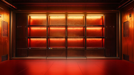 Obraz premium Futuristic sci fi room interior with glowing orange ambient lights, metallic panels, and industrial design elements.