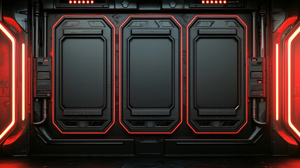 Futuristic sci-fi wall with glowing red neon lights, black panels, and industrial design elements in a spaceship corridor.